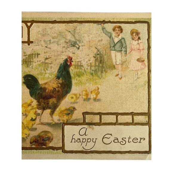 Antique 1914 Easter Greetings Postcard Boy Girl Chickens With Hatched Chicks SEE - Picture 1 of 9